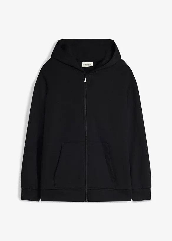 Kapuzen-Sweatjacke aus weichem Baumwoll-Mix in schwarz von vorne - bonprix