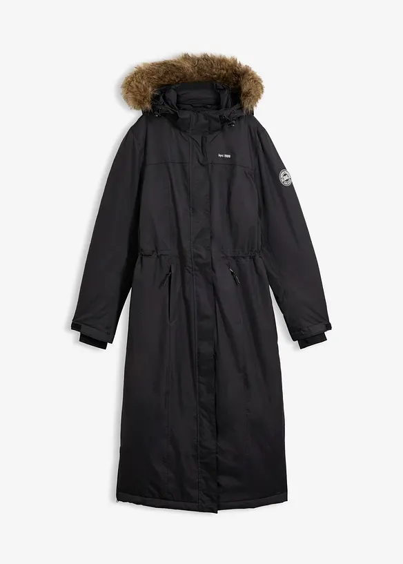 wasserdichter Outdoor-Mantel mit Fellimitat in schwarz von vorne - bonprix