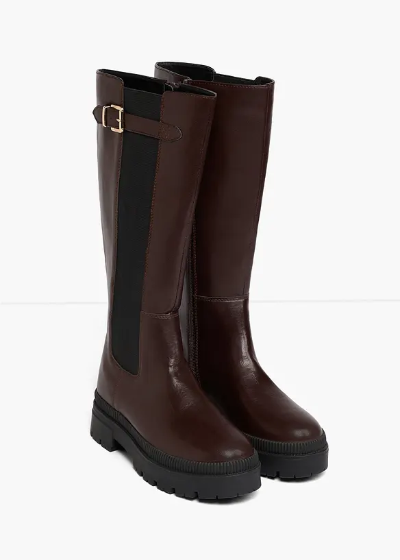 Gefütterter Plateau-Stiefel mit Stretch-Einsatz in braun - bonprix