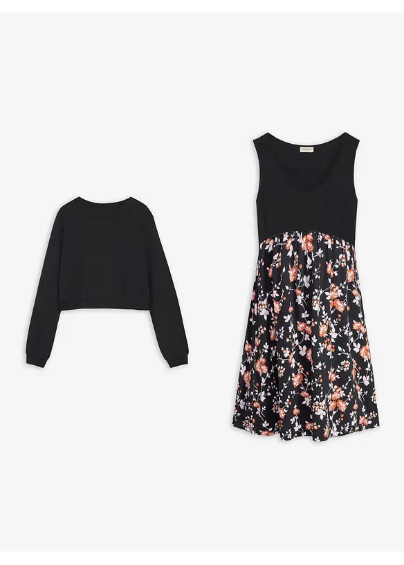 Set aus Umstands- und Stillkleid mit Sweatshirt (2-teiliges Set) in schwarz von vorne - bonprix