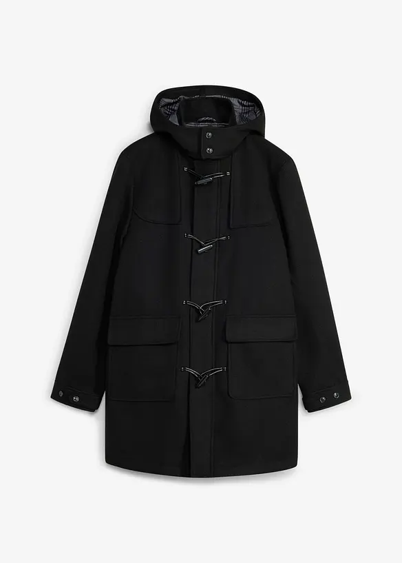 Wärmender Winter-Duffelcoat in Wolloptik in schwarz von vorne - bonprix