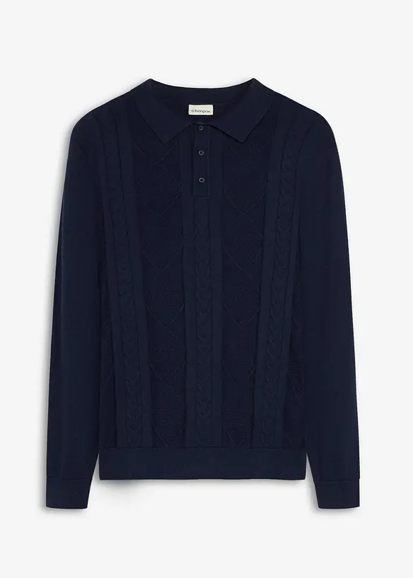 Polo-Zopfstrick-Pullover aus reiner Baumwolle in blau von vorne - bonprix
