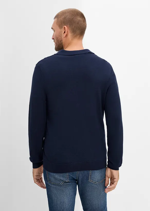 Polo-Zopfstrick-Pullover aus reiner Baumwolle in blau von hinten (im Anschnitt) - bonprix