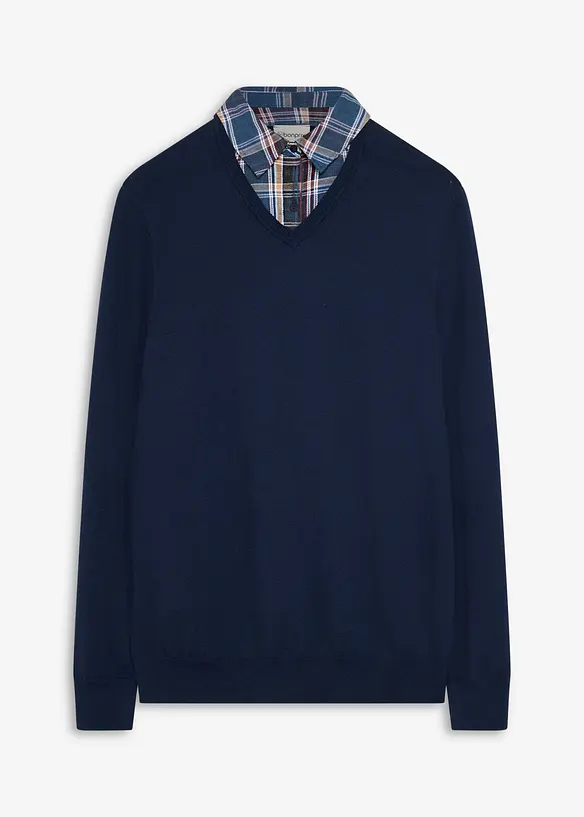 2-in-1-Strickpullover mit Hemdkragen in blau von vorne - bonprix