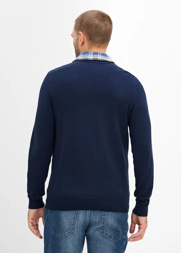 2-in-1-Strickpullover mit Hemdkragen in blau von hinten (im Anschnitt) - bonprix