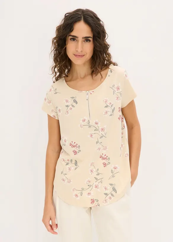 Tunika-Shirt aus Baumwoll-Mix in beige von vorne (im Anschnitt) - bonprix