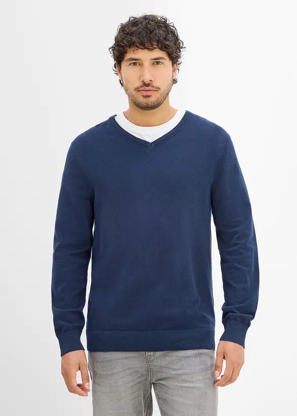 Feinstrickpullover mit V-Ausschnitt (2er Pack) in blau von vorne (im Anschnitt) - bonprix