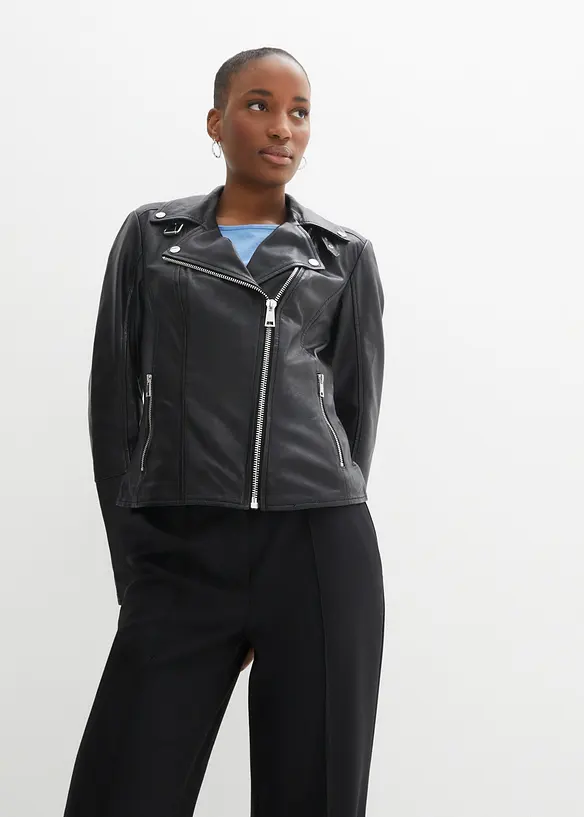 Bikerjacke aus Nappaleder in schwarz von vorne (im Anschnitt) - bonprix