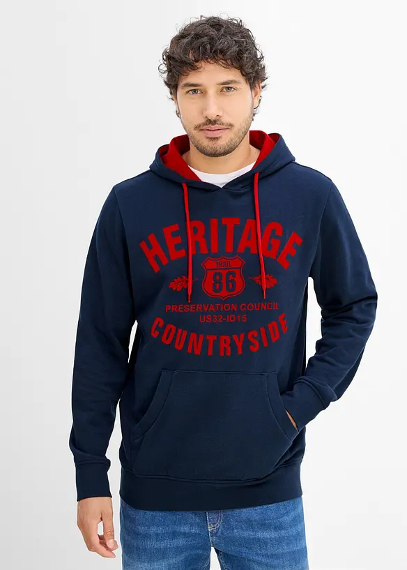 Hoodie mit Flockdruck in blau von vorne (im Anschnitt) - bonprix