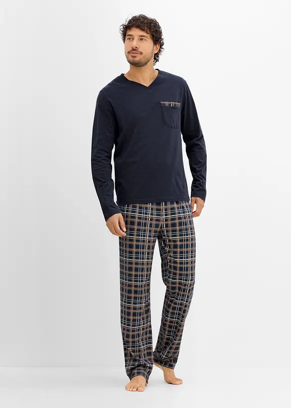 Pyjama mit Bio-Baumwolle und langen Ärmeln in blau von vorne (Totalaufnahme) - bonprix