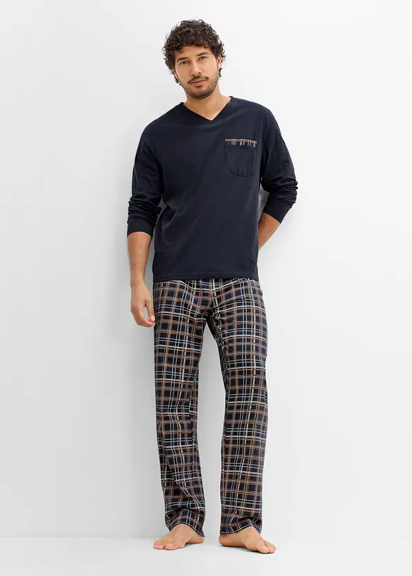 Pyjama mit Bio-Baumwolle und langen Ärmeln in blau im Look von vorne (Totalaufnahme) - bonprix
