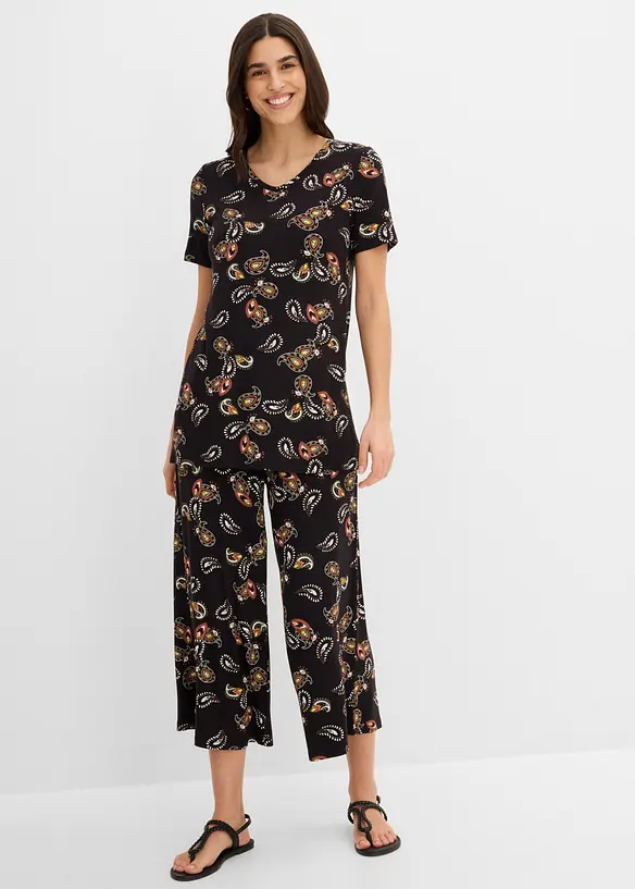 Shirt und Culotte aus fließendem Viskose-Mix, (2-tlg. Set) in schwarz von vorne (Totalaufnahme) - bonprix