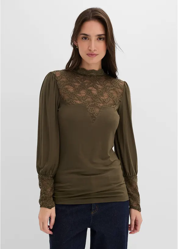 Langarmshirt aus Viskose-Mix in grün von vorne (im Anschnitt) - bonprix