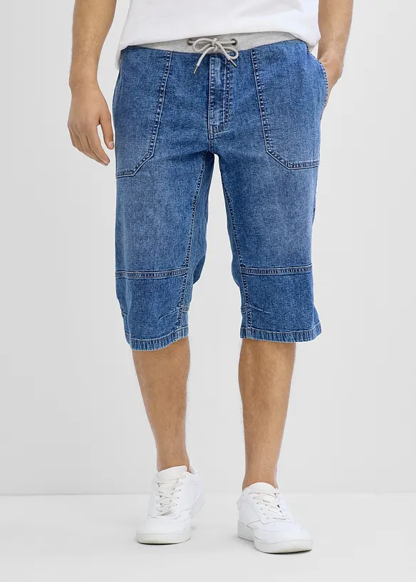 Leichte Long Schlupf-Jeans-Bermuda mit Dehnbund, Relaxed Fit in blau von vorne - bonprix
