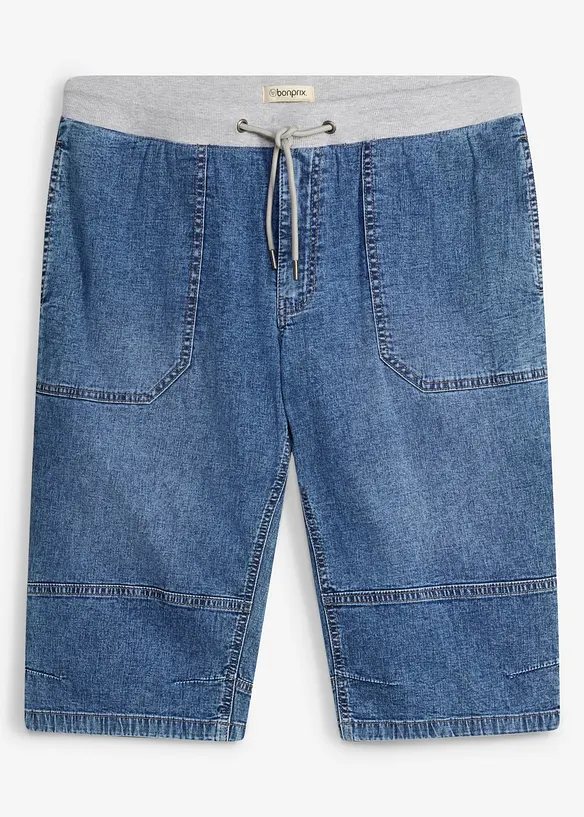 Leichte Long Schlupf-Jeans-Bermuda mit Dehnbund, Relaxed Fit in blau von vorne - bonprix