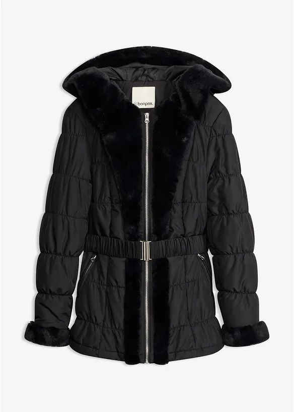 Steppjacke mit Fellimitat in schwarz von vorne - bonprix