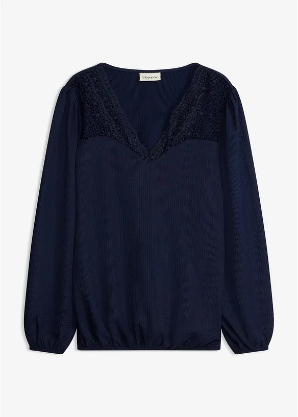 Langarmshirt mit Spitze in blau von vorne - bonprix