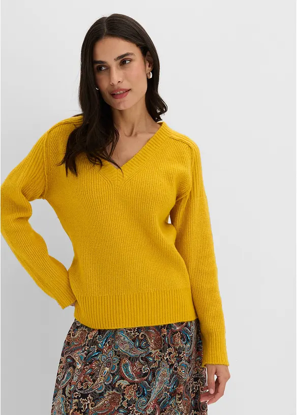 Pullover mit V-Ausschnitt in gelb von vorne (im Anschnitt) - bonprix Pullover mit V-Ausschnitt in gelb von vorne (im Anschnitt) - bonprix