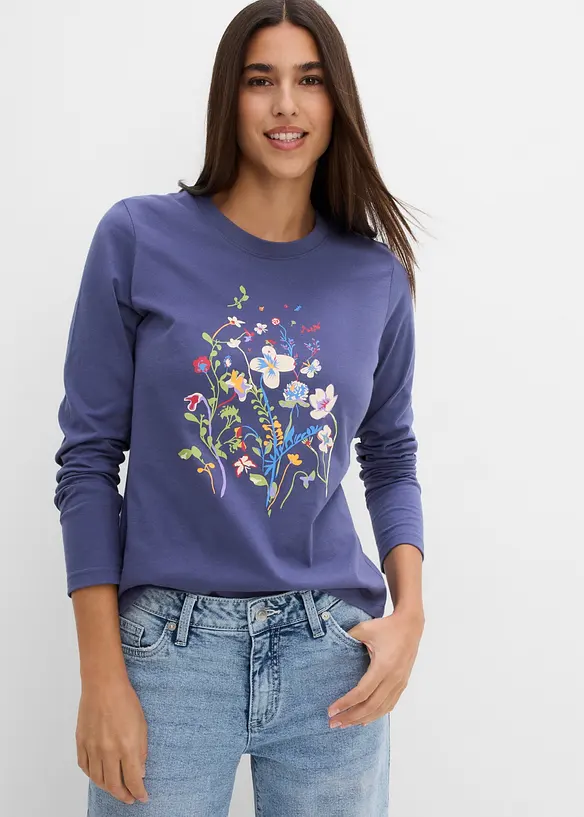Langarmshirt aus reiner Bio-Baumwolle in blau von vorne (im Anschnitt) - bonprix