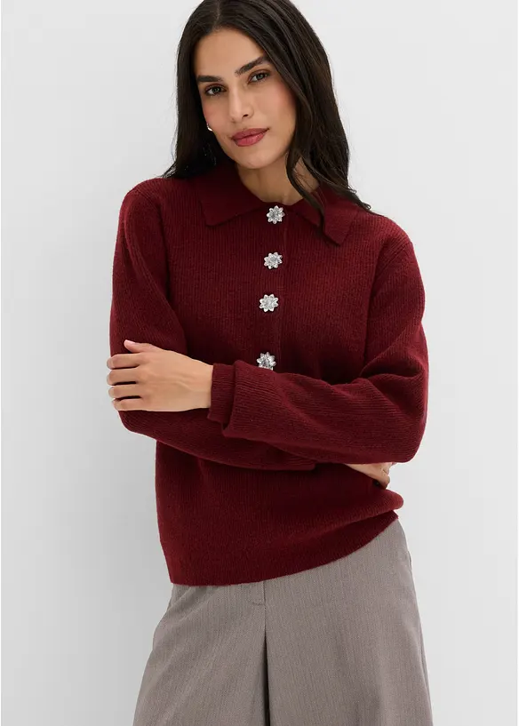 Polo-Pullover mit Wollanteil in rot von vorne (im Anschnitt) - bonprix Polo-Pullover mit Wollanteil in rot von vorne (im Anschnitt) - bonprix