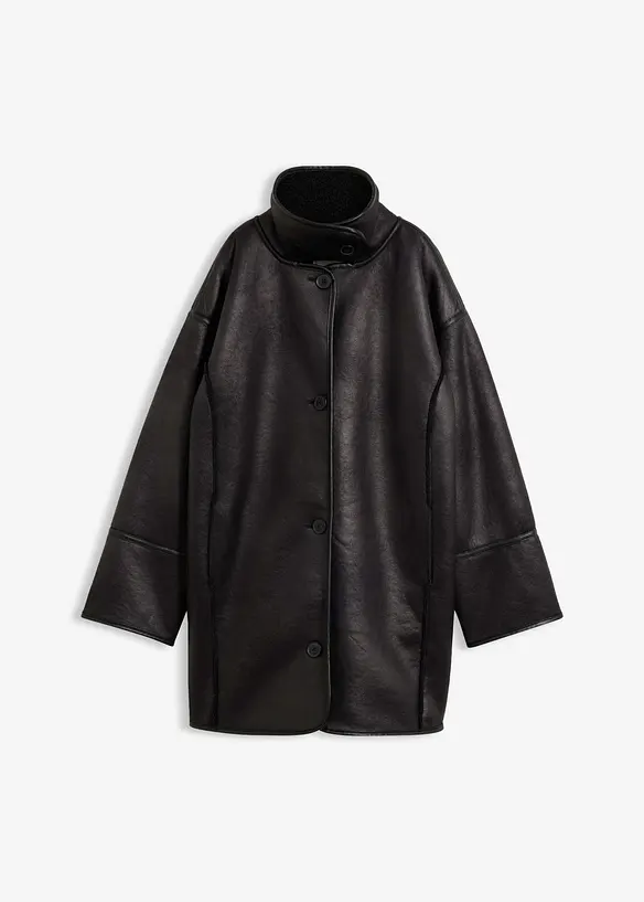 Oversized Lammfellimitat-Jacke in schwarz von vorne - bonprix