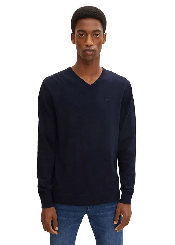 Tom Tailor Feinstrickpullover aus reiner Baumwolle in blau von vorne (im Anschnitt) - Tom Tailor