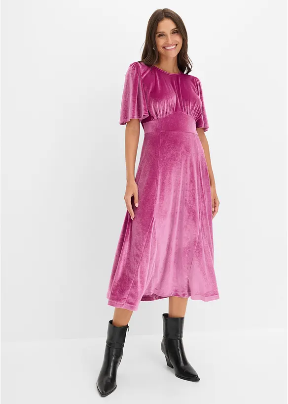Midikleid aus softem Samt in lila von vorne (Totalaufnahme) - bonprix