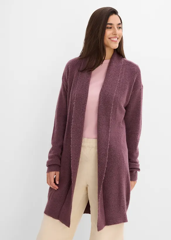 Longstrickjacke mit Schalkragen in lila von vorne (im Anschnitt) - bonprix