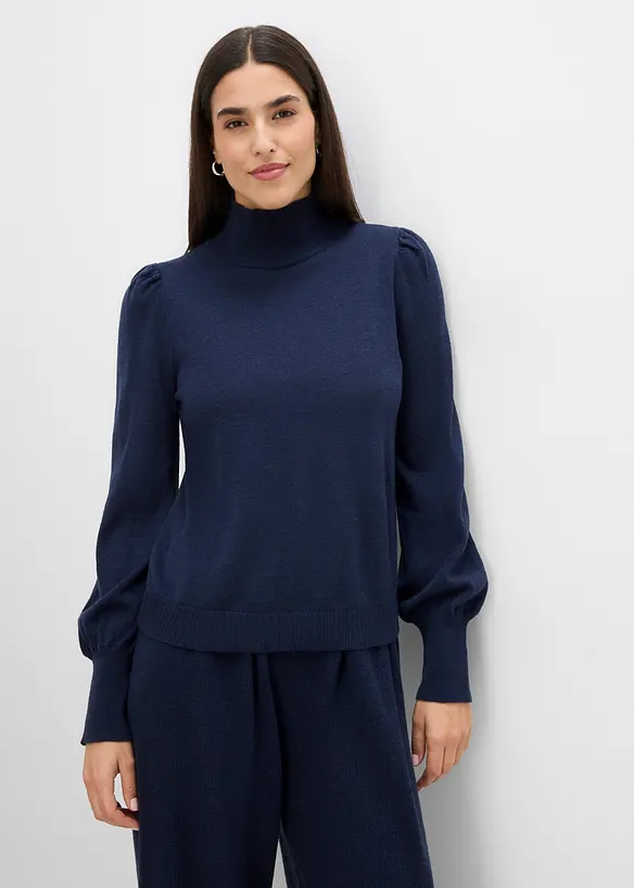 Feinstrickpullover mit Ballonärmeln in blau von vorne (im Anschnitt) - bonprix Feinstrickpullover mit Ballonärmeln in blau von vorne (im Anschnitt) - bonprix