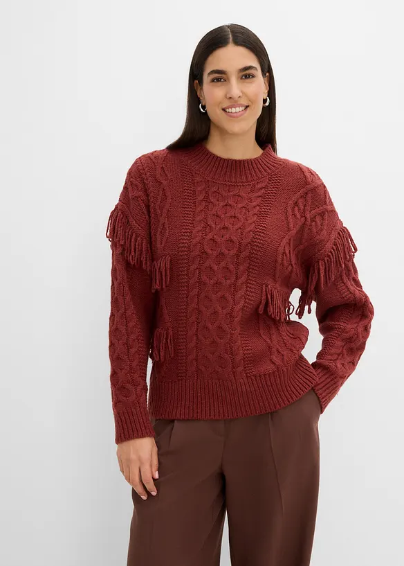 Oversize-Pullover mit Fransen in braun von vorne (im Anschnitt) - bonprix Oversize-Pullover mit Fransen in braun von vorne (im Anschnitt) - bonprix