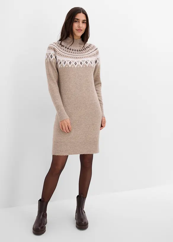 Norweger-Strickkleid in beige von vorne (Totalaufnahme) - bonprix
