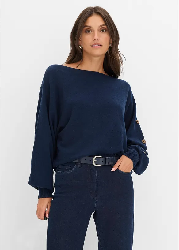 Pullover mit Knopfdetails in blau von vorne (im Anschnitt) - bonprix Pullover mit Knopfdetails in blau von vorne (im Anschnitt) - bonprix