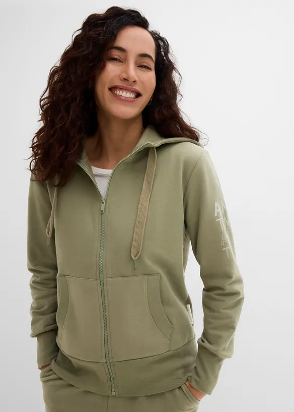 Softe Kapuzen-Sweatjacke aus schwerem Baumwoll-Mix in grün von vorne (im Anschnitt) - bonprix