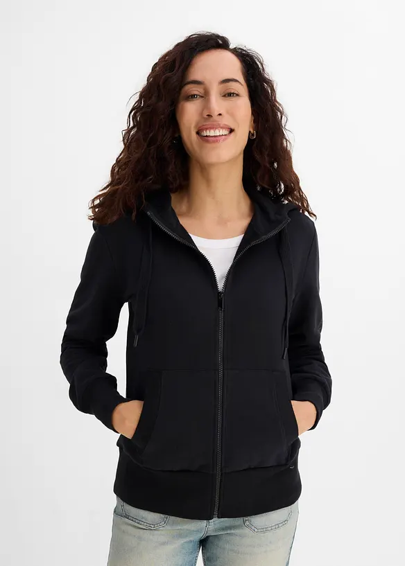 Softe Kapuzen-Sweatjacke aus schwerem Baumwoll-Mix in schwarz von vorne (im Anschnitt) - bonprix