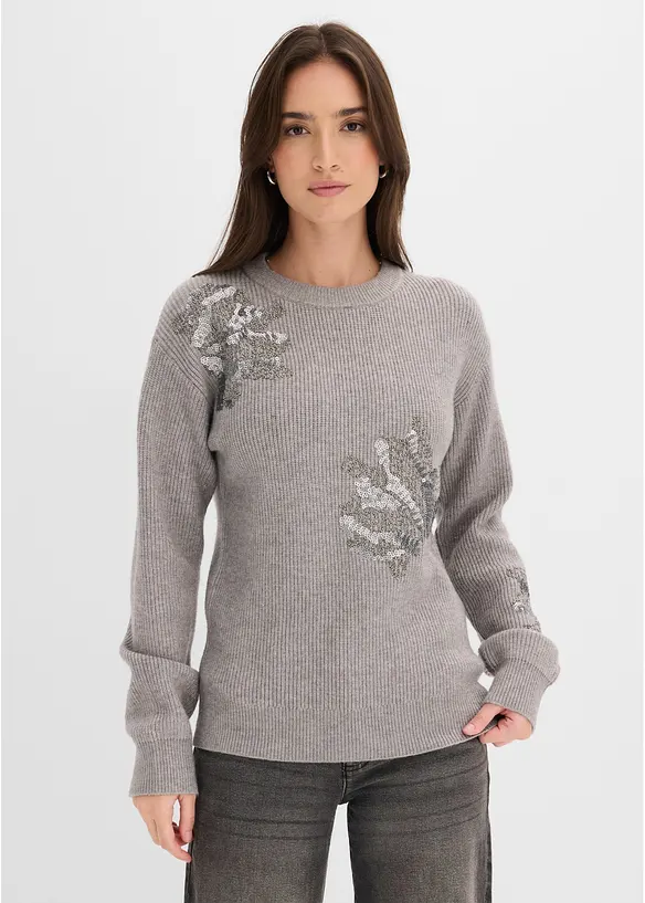 Pullover mit Applikation in grau von vorne (im Anschnitt) - bonprix