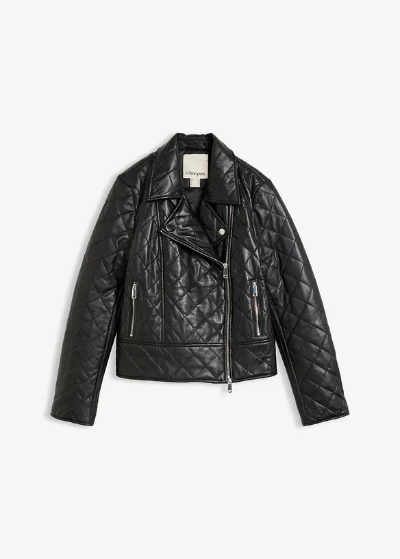 Gesteppte Leder-Biker-Jacke aus Lammnappa in schwarz von vorne - bonprix