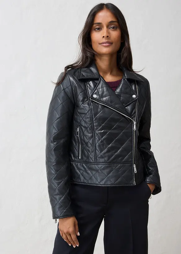 Gesteppte Leder-Biker-Jacke aus Lammnappa in schwarz von vorne (im Anschnitt) - bonprix