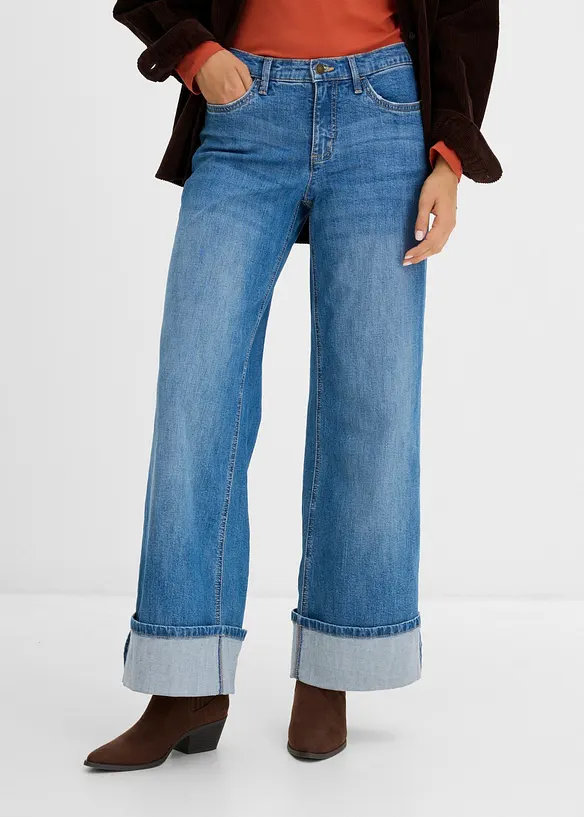 Wide-Leg-Jeans mit Umschlag in blau von vorne - bonprix