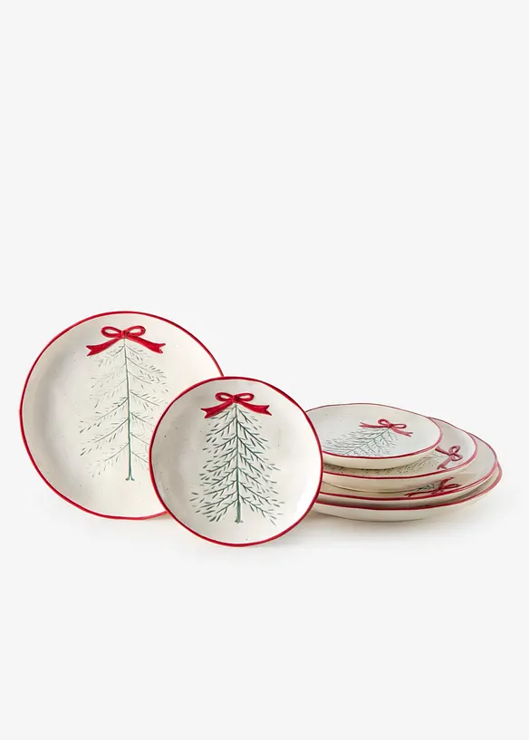Geschirr-Set mit Schleife/Baum Design (6-tlg. Set) in weiß von vorne - bonprix