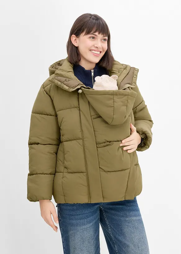 3-in-1-Umstands-Pufferjacke mit Trageeinsatz, wasserabweisend in grün von vorne (im Anschnitt) - bonprix
