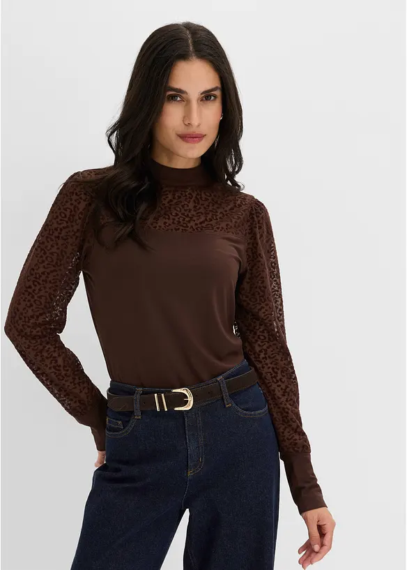 Langarmshirt aus softem Viskose-Mix in braun von vorne (im Anschnitt) - bonprix