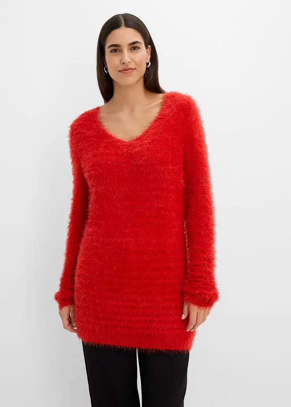 Longpullover aus Strick in rot von vorne (im Anschnitt) - bonprix Longpullover aus Strick in rot von vorne (im Anschnitt) - bonprix