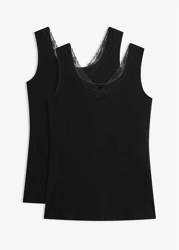 Unterhemd mit Bio-Baumwolle und Spitze (2er Pack) in schwarz von vorne - bonprix