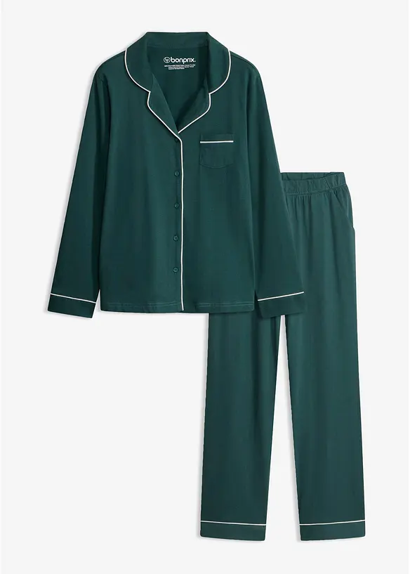 Pyjama aus weicher Baumwolle mit Knopfleiste in petrol von vorne - bonprix