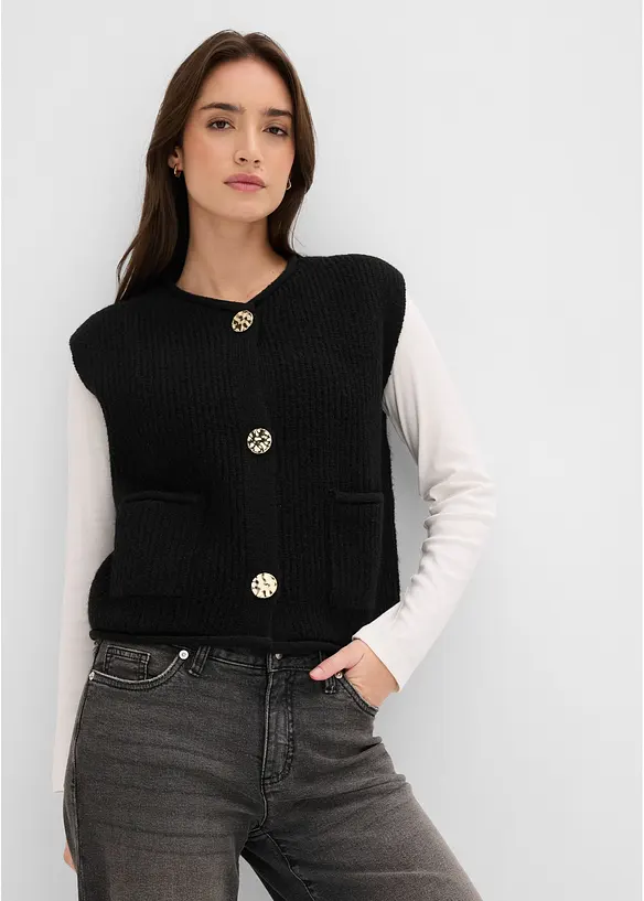 Strickweste mit dekorativen Knöpfen in schwarz von vorne (im Anschnitt) - bonprix