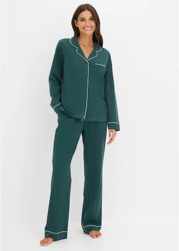 Pyjama aus weicher Baumwolle mit Knopfleiste in petrol von vorne (Totalaufnahme) - bonprix