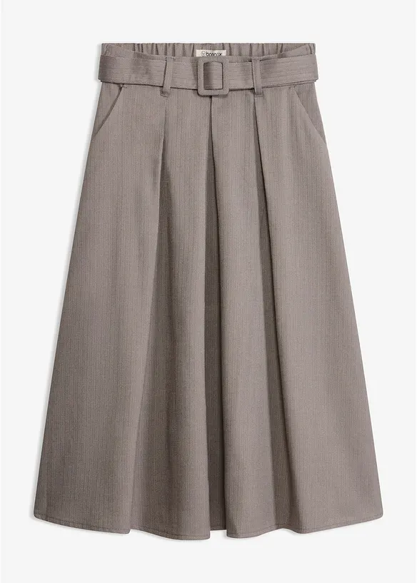 Fischgrat Faltenrock in Wolloptik und Gürtel (2-tlg.Set) in beige von vorne - bonprix