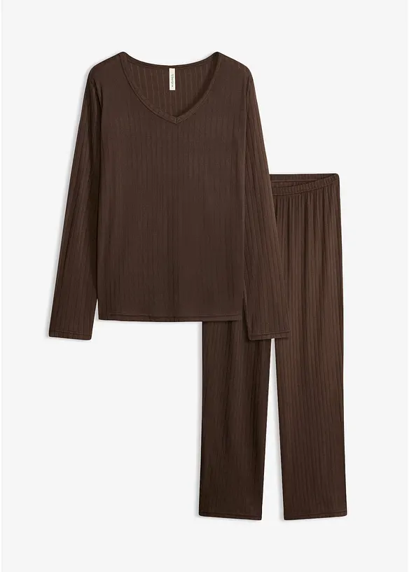 Pyjama aus weichem Pointelle-Jersey in braun von vorne - bonprix