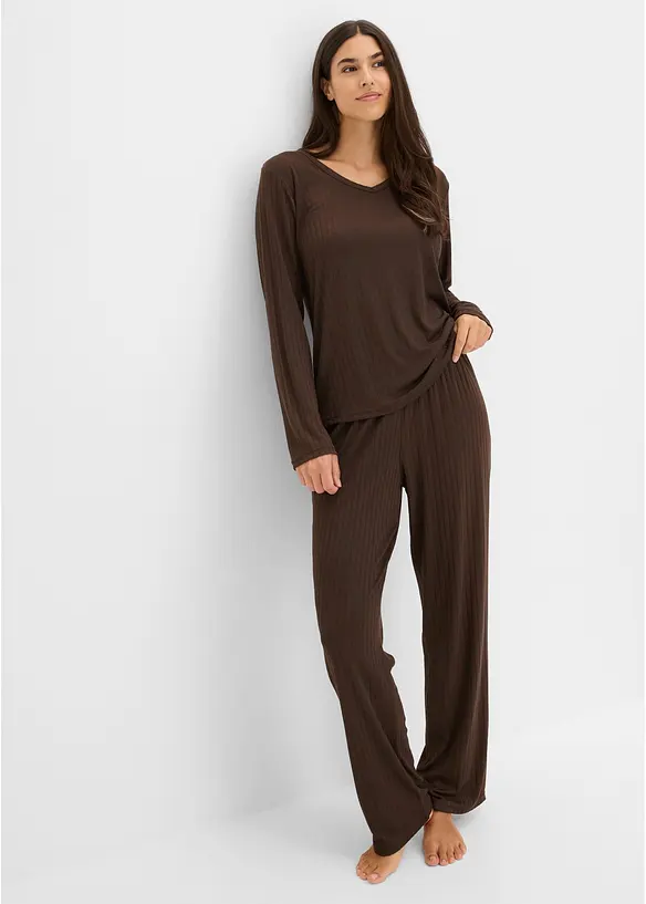 Pyjama aus weichem Pointelle-Jersey in braun im Look von vorne (Totalaufnahme) - bonprix