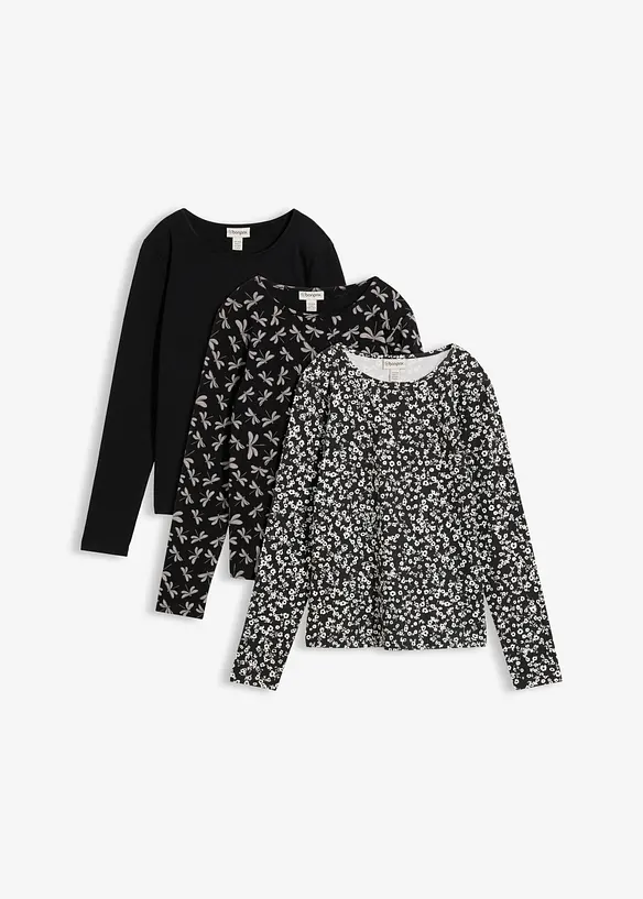 Langarmshirt aus elastischem Baumwoll-Mix (3er Pack) in schwarz von vorne - bonprix